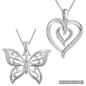 White Diamond Accent Rhodium Over Brass Heart And Butterfly Pendant Necklaces